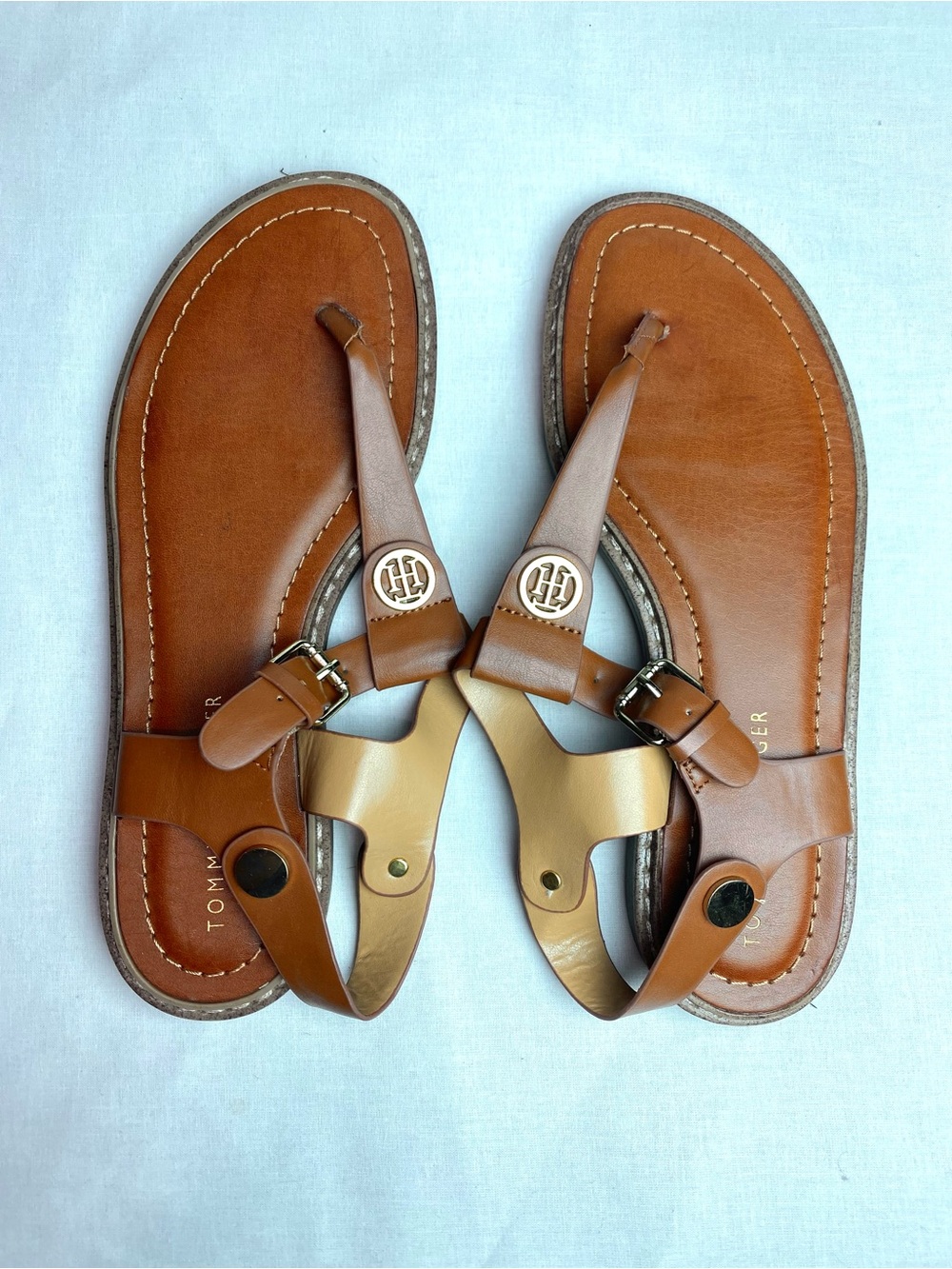 Tommy Hilfiger Tan and Brown Leather Thong Sandals